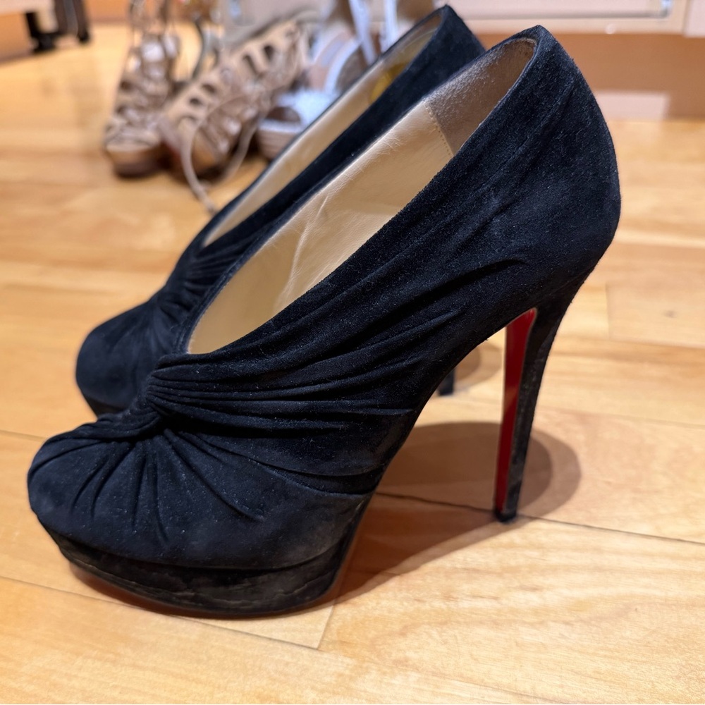 Christian Louboutin Black Suede Knotted Platform Pumps with Red Sole